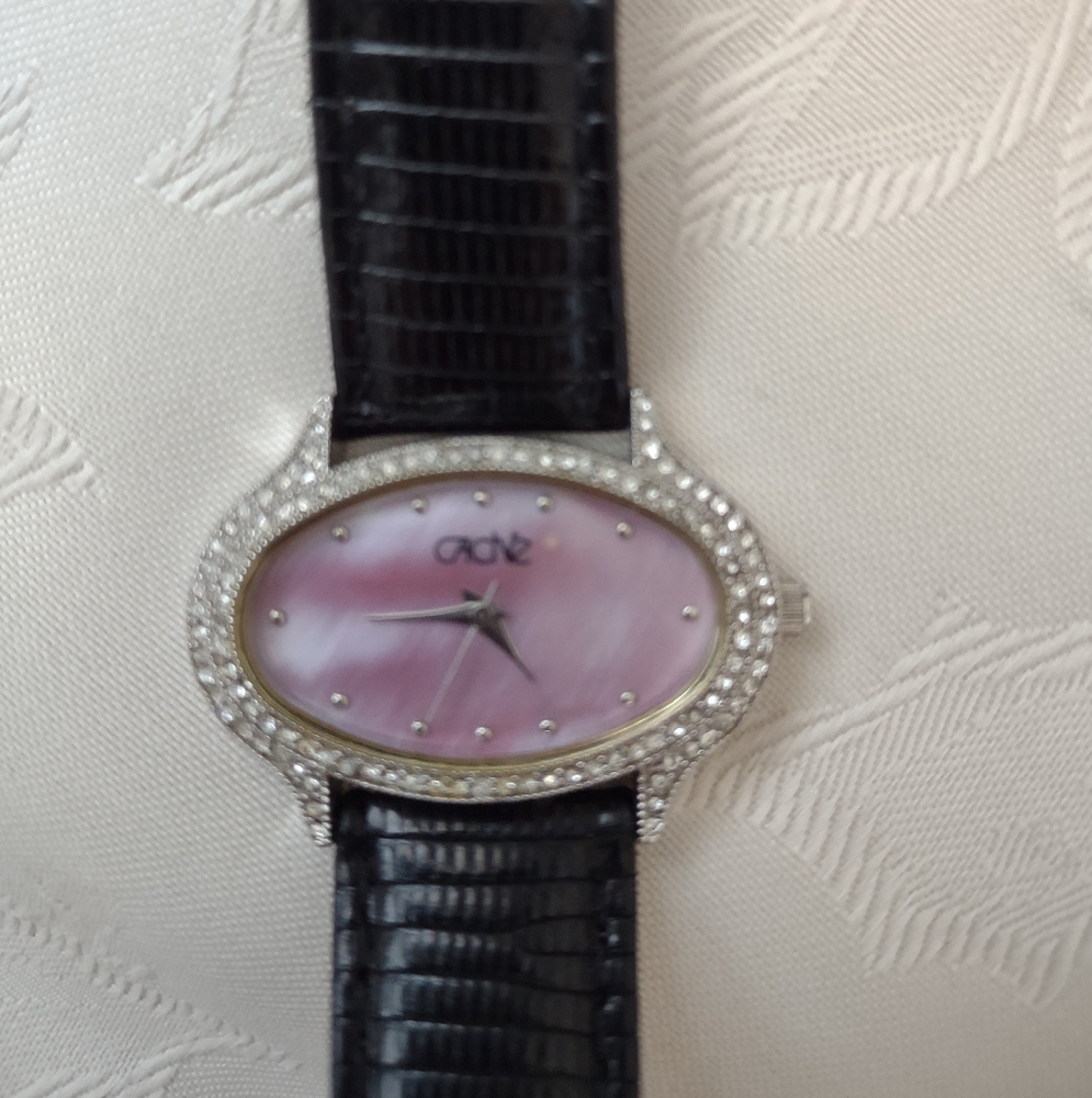 Cache Oval Crystals Pink Mother Of Pearl Watch Lizard Black Leather Strap